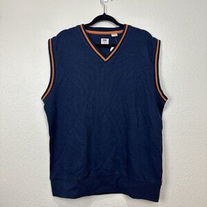 Levis Womens XL Navy Blue V Neck Cotton Knit Vest With Orange Trim